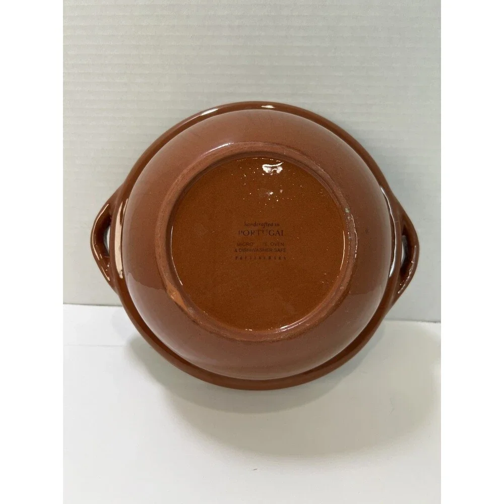 Pottery Barn Handpainted pottery clay bowl/pot with handles No Lid Serveware